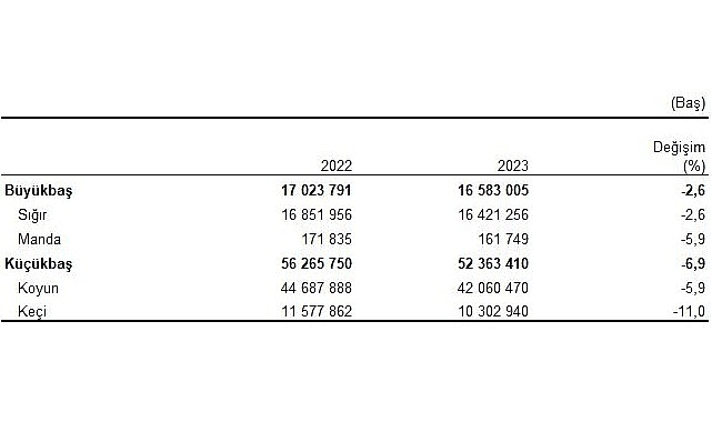 Büyükbaş hayvan sayısı bir önceki yıla göre yüzde 2,6 azalarak 16 milyon 583 bin baş oldu