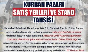 Malkara Belediye: Kurban bayramı nedeniyle Kurban Pazarı Hacıevhat Mahallesi Ahmetpaşa Köy Yolu Caddesi Erenler Futbol Sahası alanında kurulacaktır